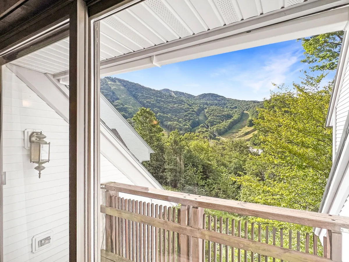 A panoramic view from a balcony or outdoor vantage point, showing the majestic Green Mountains, thick forests, and an expansive sky. The perspective is serene, evoking a sense of adventure and immersion in the local environment.